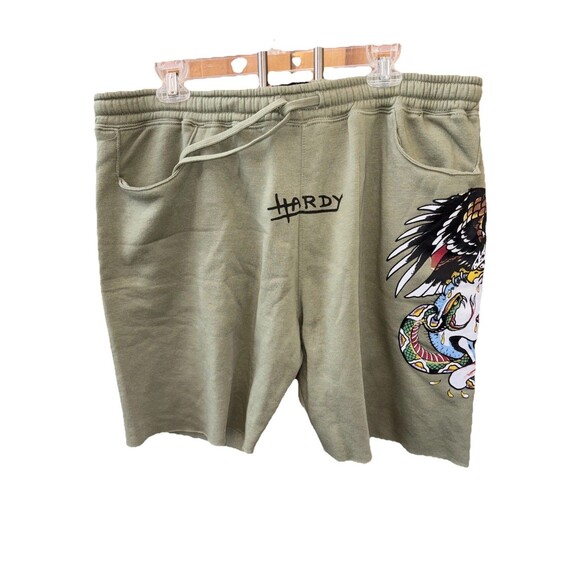 Ed Hardy Men Shorts Drawstring Olive Green Cotton Designer Eagle Skull XL Pocket - Picture 1 of 10